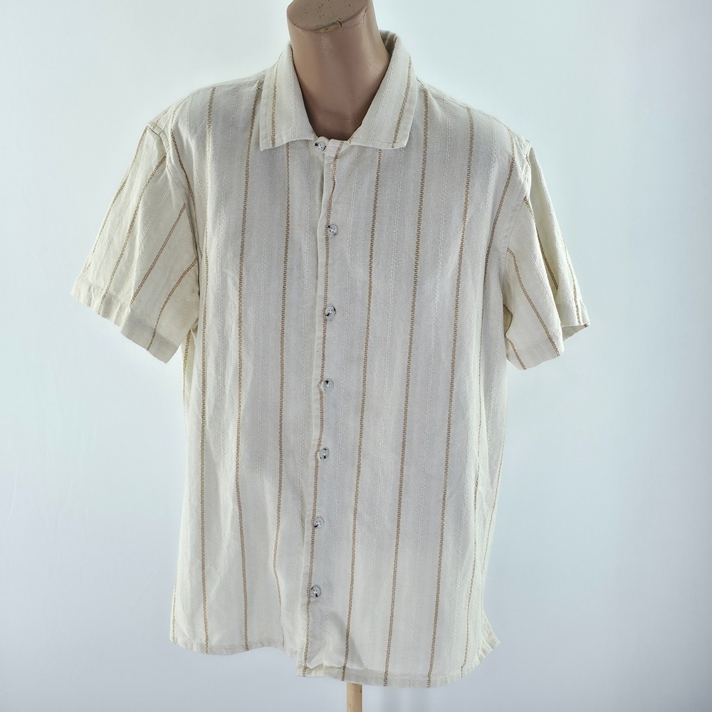 MBX Paradise Shirt Mens Medium Cream Tan Striped Embroidered Button Down Casual